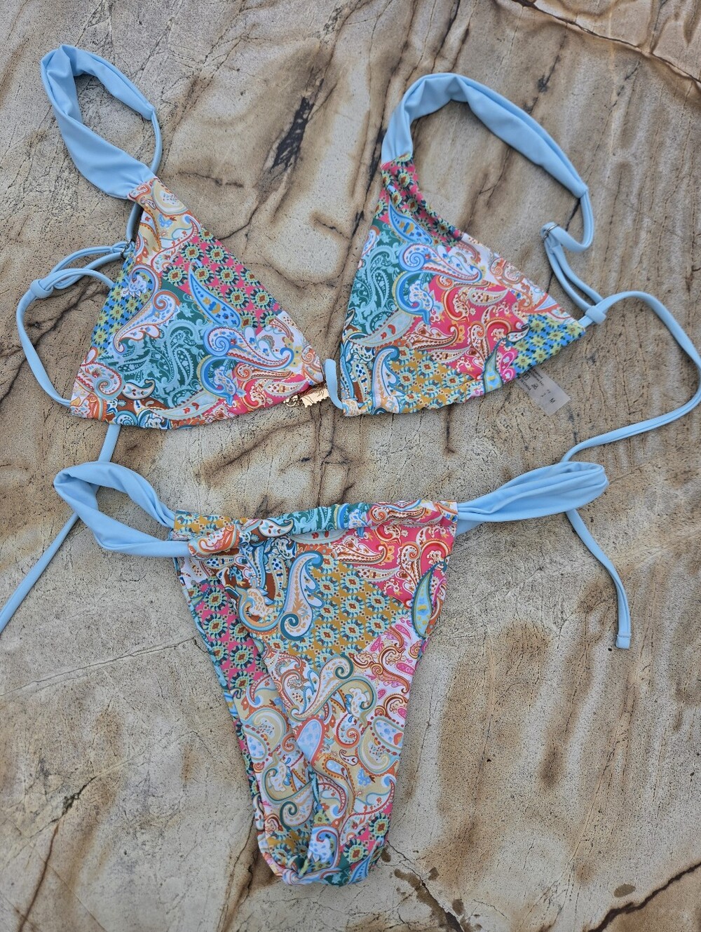 Blue Paisley Tie-Side Triangle Bikini Set